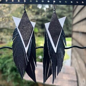 Black White Metallic Triangle Layered Feather Fringe Earrings Rave Vibes NWT